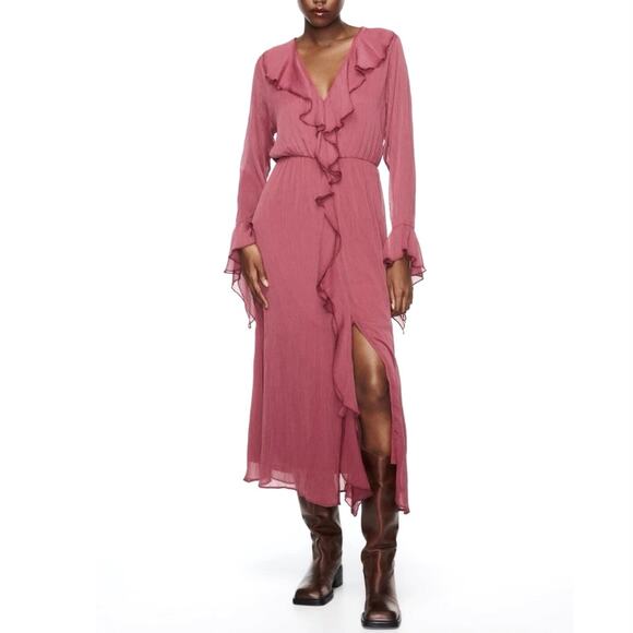 ZARA Georgette Ruffled Midi Dress Size M Dusty Pink Mauve‎ Romantic Feminine - Picture 3 of 13